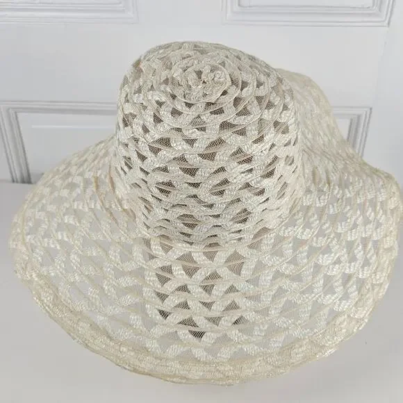 VTG 1970s wide brim sheer Hat crisscross  prairie cottage boho bridesmaid - Picture 5 of 10